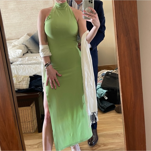 Revolve Norma Kamali Halter Turtle Neck Side Slit Green Dress Size S - Picture 3 of 3